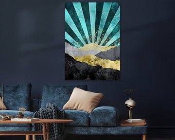 Sun Mountains Gold Teal Abstract Landscape Sunrise Contrast
