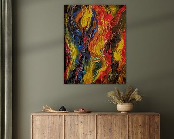 Abstract olieverf schilderij, Geel, Rood, blauw, Zwart, Oranje van BowiScapes abstract en digitale kunst