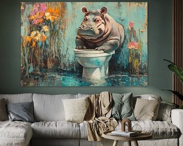 Nijlpaard op Toilet in Dromerig Kleurrijk Impressionistisch Landschap