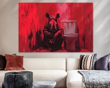 Neushoorn in Rood Verlichte Badkamer met Intense Street-Art Uitstraling van Eva Lee