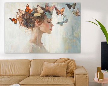 Vrouw Vlinders | Vrouwelijke Portret met Kleurrijke Vlinders van Kunst Kriebels