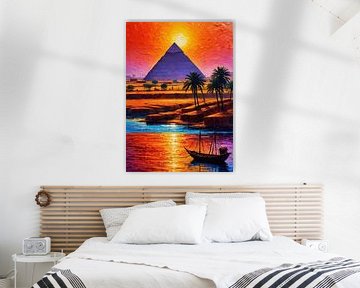 Zonsondergang Nijlrivier met piramide van Gizeh van MIROKKU