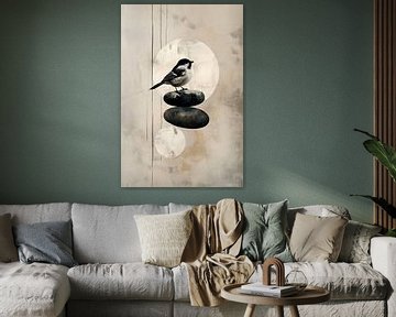 Bovenop de steen - Japandi vogel met zon van Marianne Ottemann - OTTI