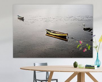 Reflection of a peaceful boat at low tide