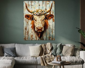 Fantasie van een koe - zon, hout en bloemen van Klaus Tesching - Art-AI