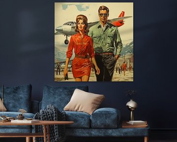 Sovjet poster - kunst poster uit vintage jaren 70 tijdschrift Foto vrouw en man met vliegtuig op de achtergrond van Animaflora PicsStock