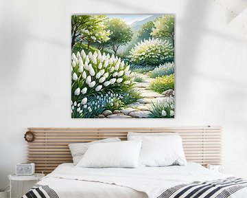 Chemin de jardin ensoleillé : Un rêve de printemps en aquarelle