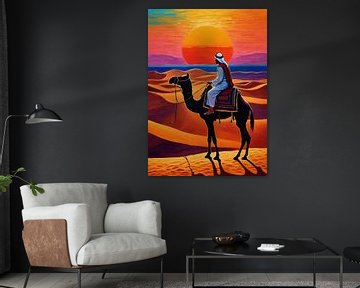 Arabische kameelrijder woestijn zonsondergang van MIROKKU