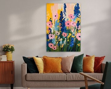 Wilde bloemen Schilderij Roze Blauw Geel van Niklas Maximilian