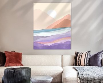 Serene Berglandschap in Pasteltinten, rustgevend kunstwerk voor een stijlvol interieur van Femke Bender
