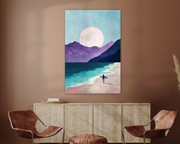 Surfer onder roze maan van Studio BB
