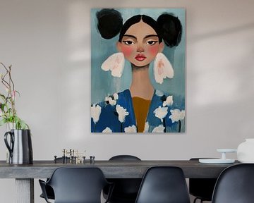 Meisje in blauw en wit met grote oorbellen van Carla Van Iersel