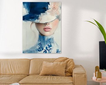 Modern abstract portret in Delfts Blauw van Carla Van Iersel
