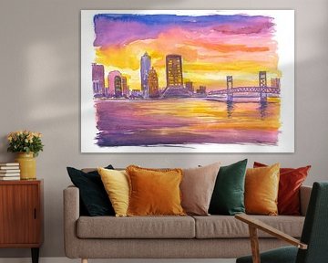 Jacksonville Skyline leuchtet bei Sonnenuntergang mit Flussreflexionen