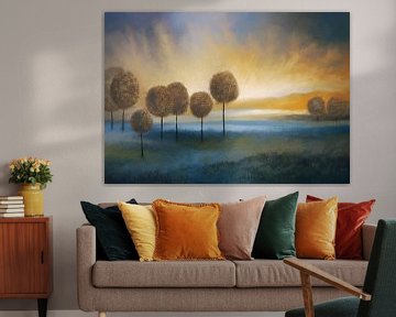 Gouden Dageraad - Schilderij van een sereen landschap van Frankie Soldado