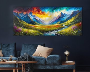 Magisch panoramisch berglandschap in de zomer - zonsondergang over bergen en bloeiende weiden