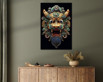 Gold Guard Mask with Deep Blue Cloisonné Accents by Digitale Schilderijen