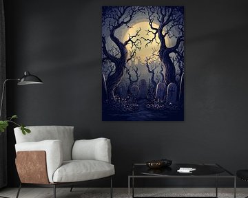 Cimetière mystique à la pleine lune dans une forêt lugubre