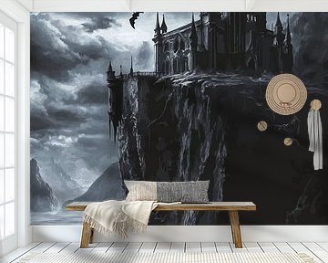 Gotische Burg auf Klippe bei stürmischer Nacht