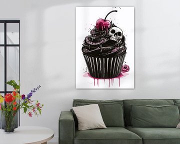 Cupcake noir à la tête de mort et à la cerise