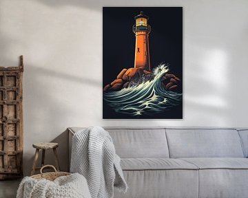 Phare sur rocher avec vague tempétueuse