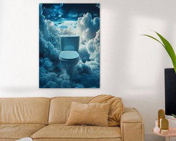 Zwevend toilet in een wolkenlandschap