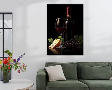 Arrangement de vin rouge avec du fromage et du raisin