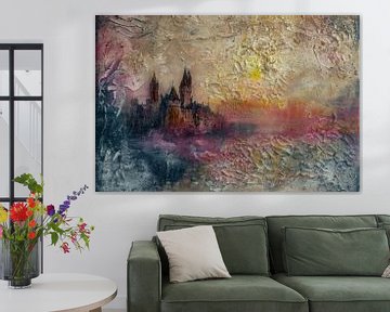 Painting of a castle, Colourful, magical and abstract by Peter Pen Drawings and Paintings