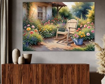 Jardin de campagne avec fleurs et chaise à bascule