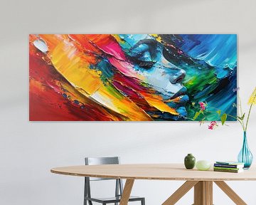In de zee van kleuren van hoop - Het hoofd van een vrouw, abstract omhoog groeiend vanuit een lichtgevende diepte, haar blik hoopvol opgeheven naar het licht van AidasignArt