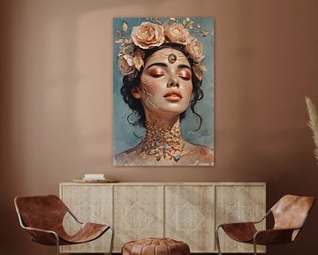 Raadselachtig portret van een serene vrouw met bloemenhoofddeksel van Ljupka Kareska
