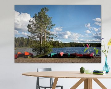 Kanoe aan het meer in Zweden van Heleen Klop