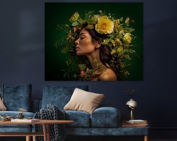 Portrait woman with flowers and green backdrop