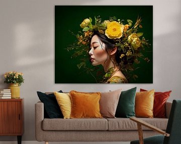 Japanese woman with yellow flowers and green background
