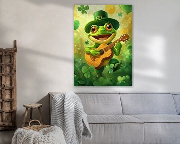 Cheerful frog with guitar in the clover field by Pixelbull Design