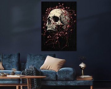Crâne avec rinceaux fleuris sur fond sombre