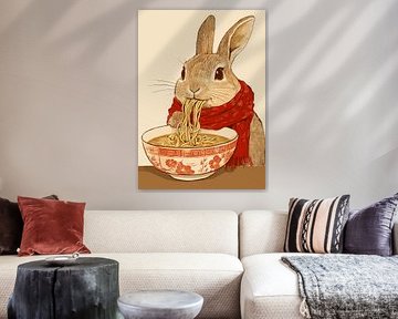 Lapin à l'écharpe rouge dégustant une soupe de nouilles Ramen
