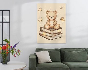 Teddybeer op een stapel boeken met vliegende insecten van Pixelbull Design