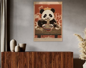 Panda déguste des ramen avec des baguettes à table