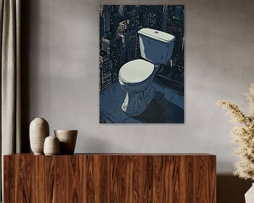 Toilettes sur le toit d'un gratte-ciel avec skyline nocturne sur Pixelbull Design
