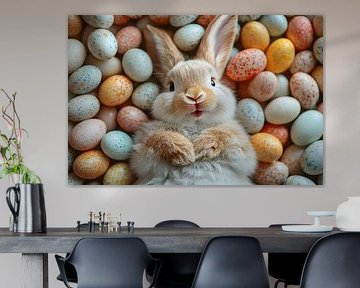 Schattige Pasen: Een Konijn Temidden van Kleurrijke Eieren
