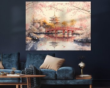 Temple, pont et Sakura sur Littlewhitecat