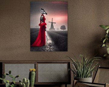 Female giraffe in red dress at the mill by On Your Wall