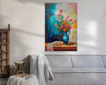Colourful and modern still life, vase with flowers by Studio Pieternel