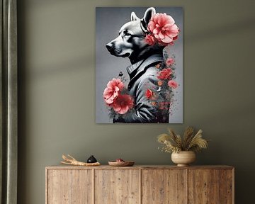 Bear in suit with pink flowers by On Your Wall