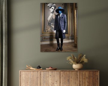Man in suit next to painting of woman by On Your Wall