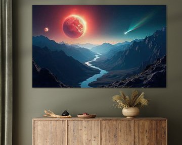 Buitenaards landschap met rode planeet, komeet en rivierdal van Markus Gann