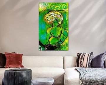 Afrikaanse vrouw met groen gouden hoofdtooi. (collage ) van Ineke de Rijk