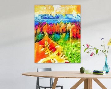 Huisjes aan het meer. (collage ) van Ineke de Rijk