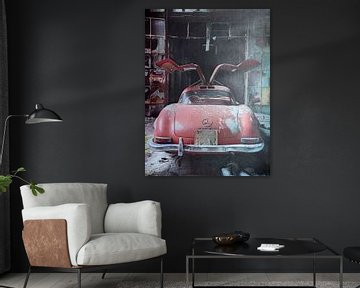 Mercedes Benz 300 SL rood achter in industriële hal van gm_designs